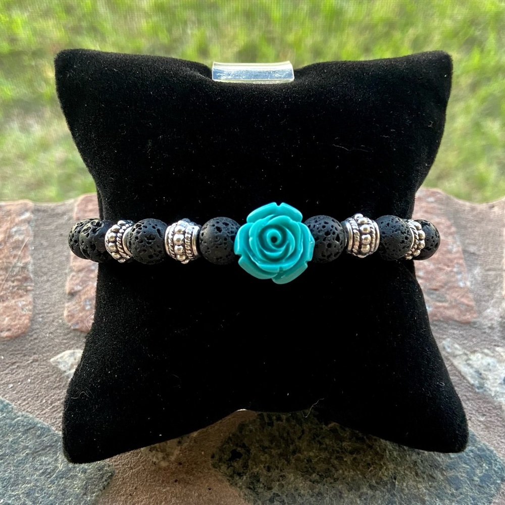 Blue rose & black lava rock beads oil diffuser boho bracelet